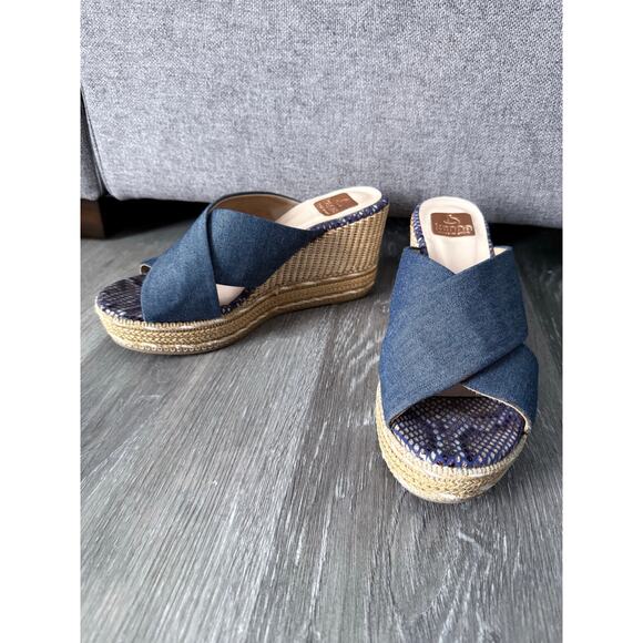 KANNA Spain denim fabric criss cross slide on espadrille wedge heels sandals - Picture 5 of 8